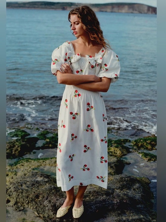 Damson Madder Dresses & Skirts - Damson Madder White Strawberry Embroidery Midi Dress with Puff Sleeves